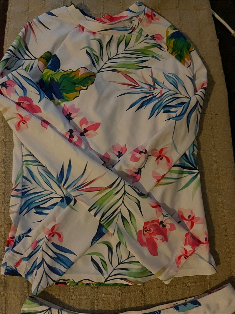 Tropical Floral Rash Guard Top - and bikini bottom White Background